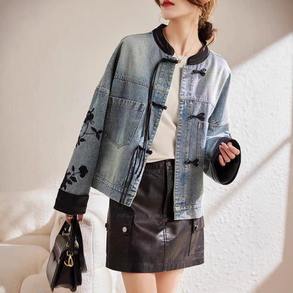 Damen Denimjacke Floral Stickerei Elegant Blau Eveloria