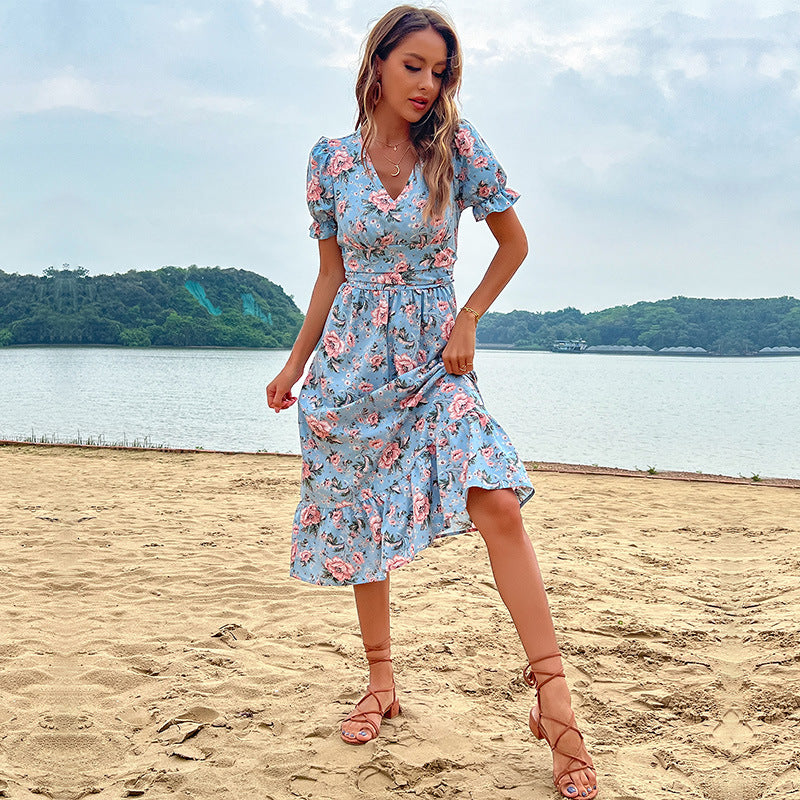 Damen Midikleid Floral Rüschendetails Taillierung - Eveloria