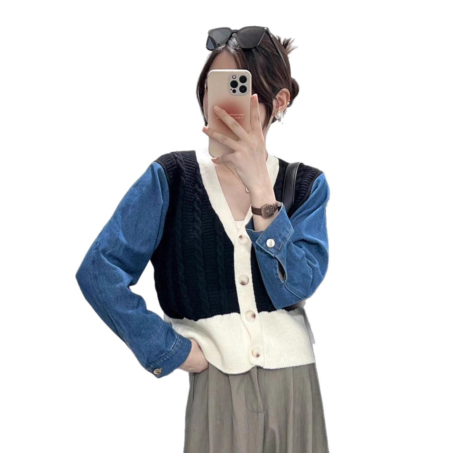 Damen Strickcardigan mit Denim-Ärmeln Blau Eveloria