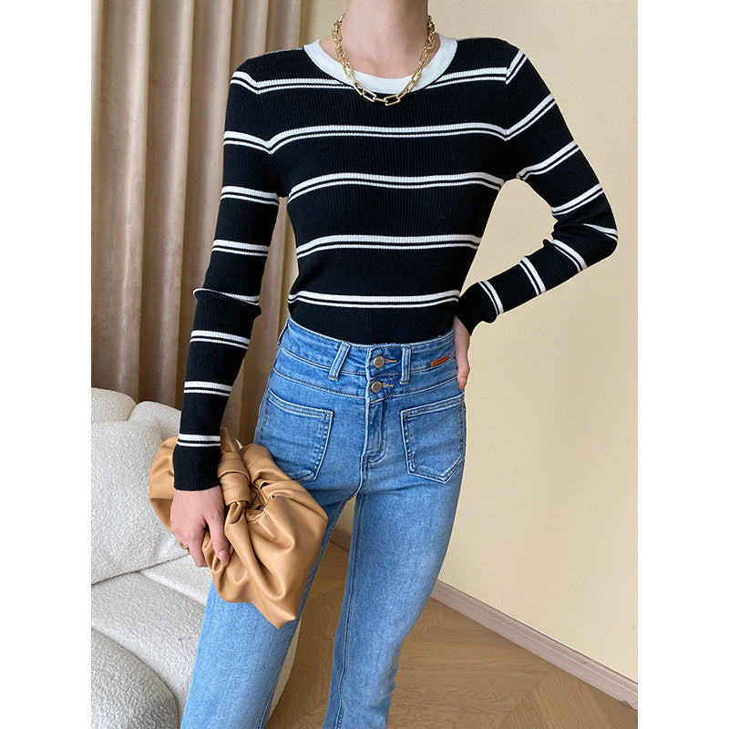 Damen Langarmshirt Streifenmuster Feine Rippstruktur - Eveloria