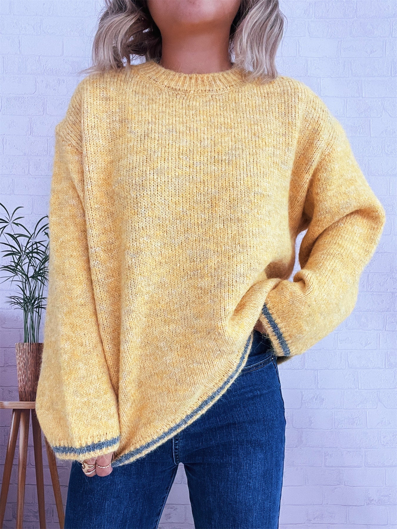 Damen Strickpullover Weich Lässig Beige