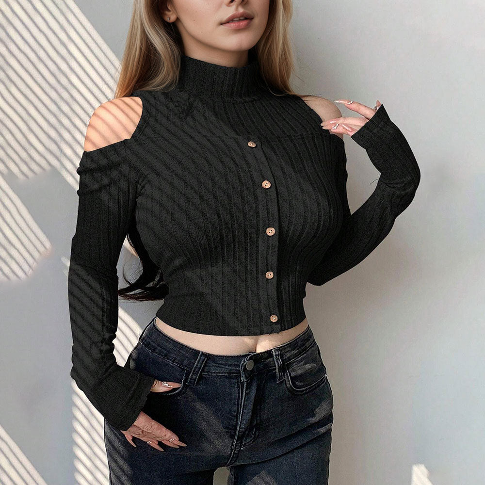Damen Cropped Langarm-Pullover Schulterfrei Knopfverschluss Eveloria - Eveloria