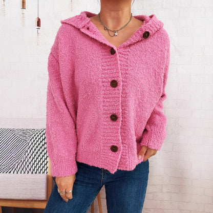 Damen Strickjacke Kapuze Knöpfe Grau Eveloria