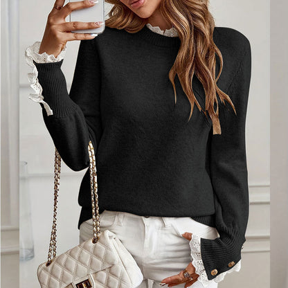 Damen Strickpullover Rüschendetails Knopfverzierung