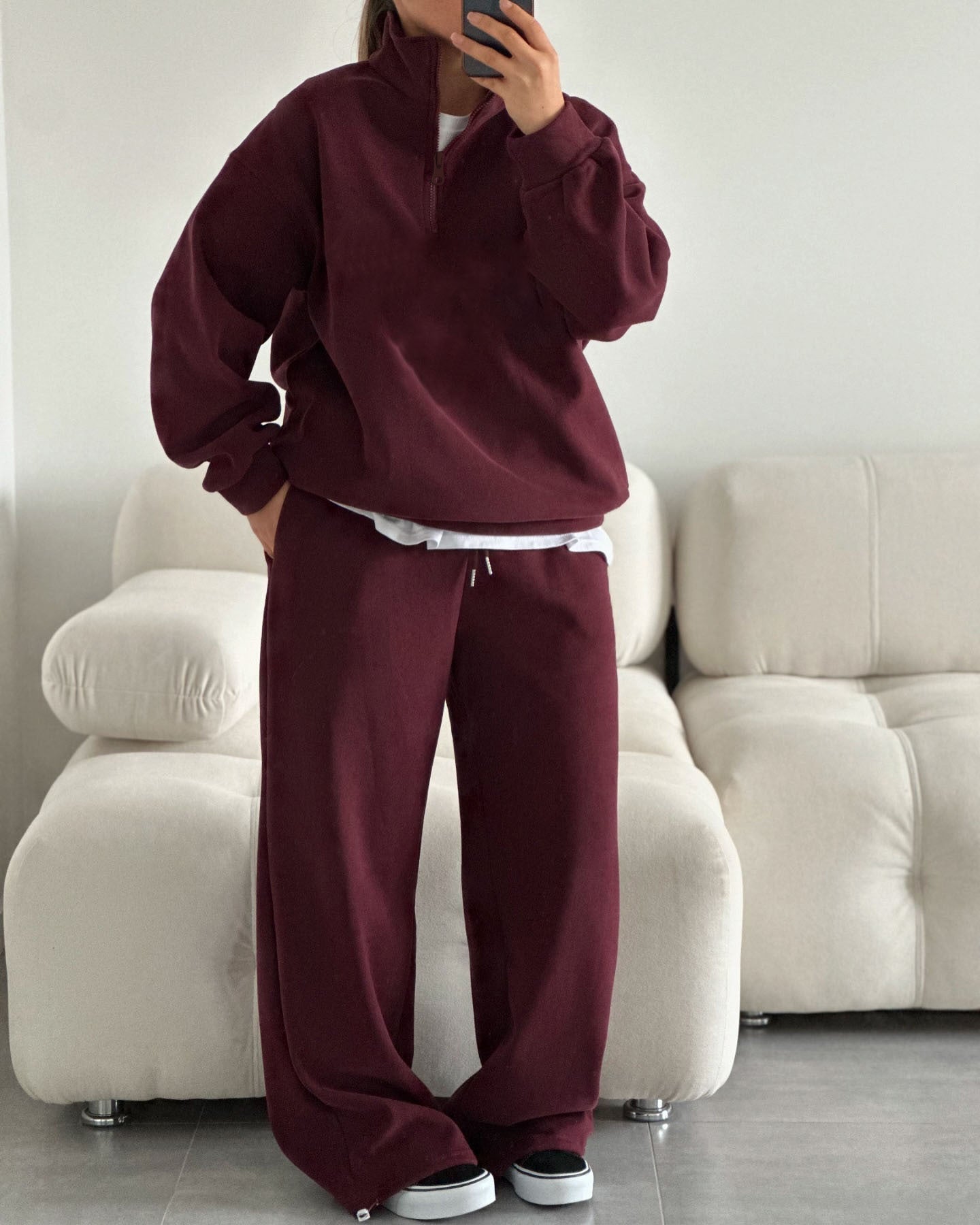 Damen Fleece Zip Hoodie Bequem Lässiger Schnitt Weite Ärmel Grau