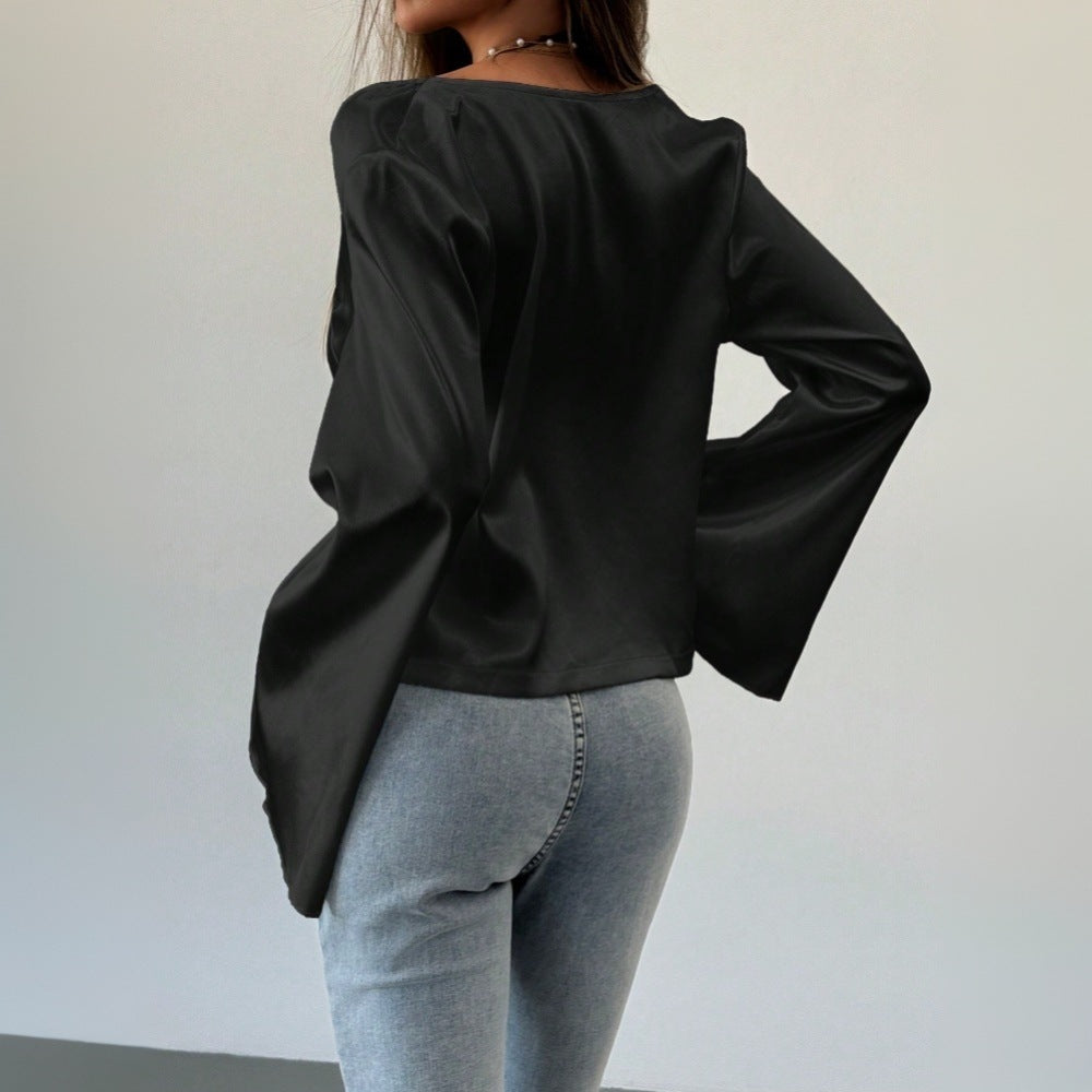 Damen Bluse V-Ausschnitt Lässiger Knoten Detail Eveloria