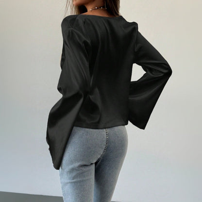 Damen Bluse V-Ausschnitt Lässiger Knoten Detail Eveloria