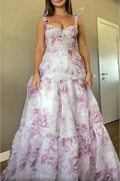 Damen Maxikleid mit Blumenmuster und Rüschen Trägern