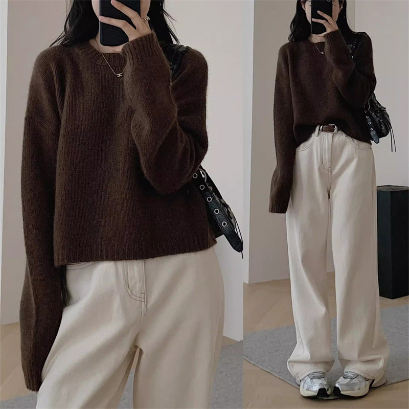 Damen Strickpullover Weit Kuschelig Beige
