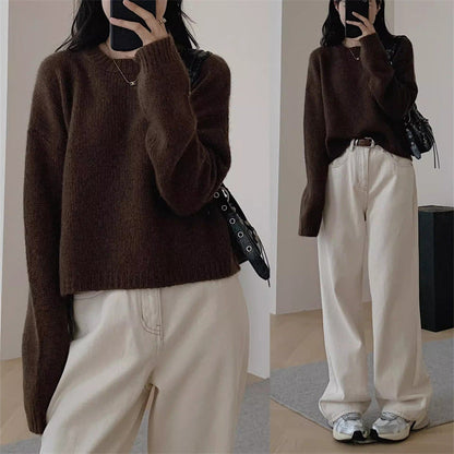 Damen Strickpullover Weit Kuschelig Beige