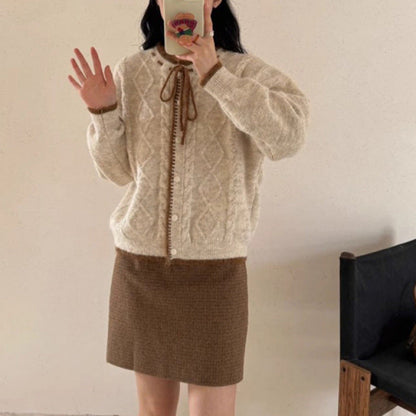 Damen Strickjacke Kuschelig Zopfstrick Kordelzug Beige