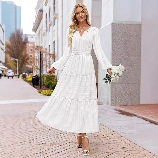 Damen Maxikleid mit Puffärmeln und Smoktaillen Elegant