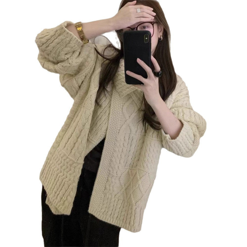 Damen Strickjacke Zopfmuster Weich Grün