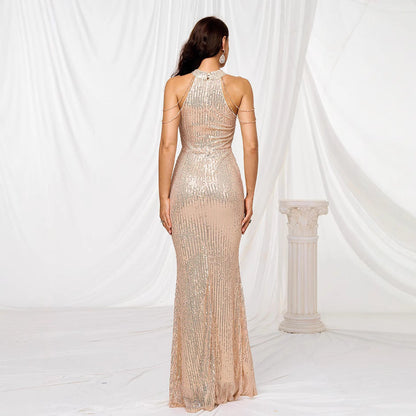 Eveloria Damen Abendkleid Langarm Pailletten Hochkragen