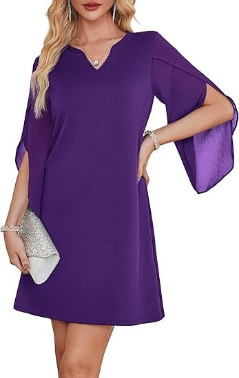 Damen V-Ausschnitt Kleid transparente Ärmel Eveloria