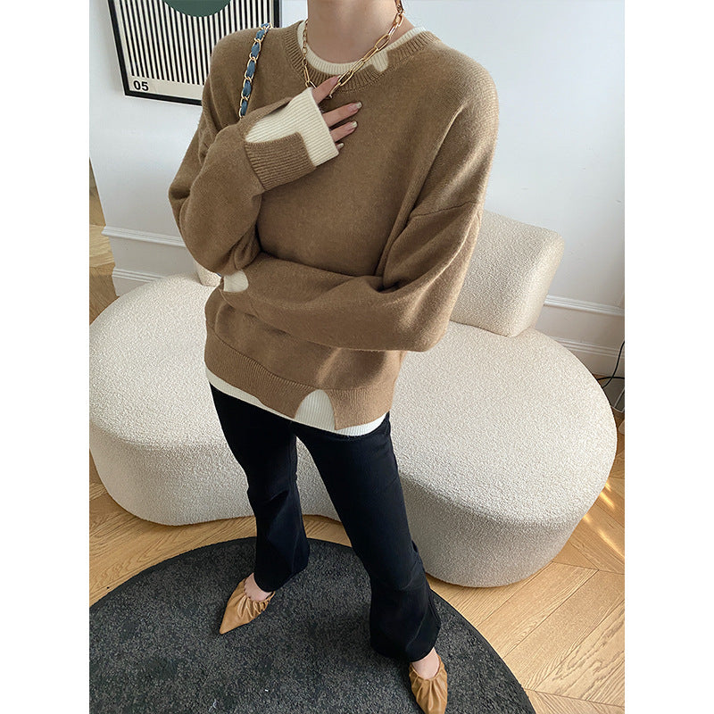 Damen Streifenpullover Hohler Kragen Locker Passform Grau Eveloria