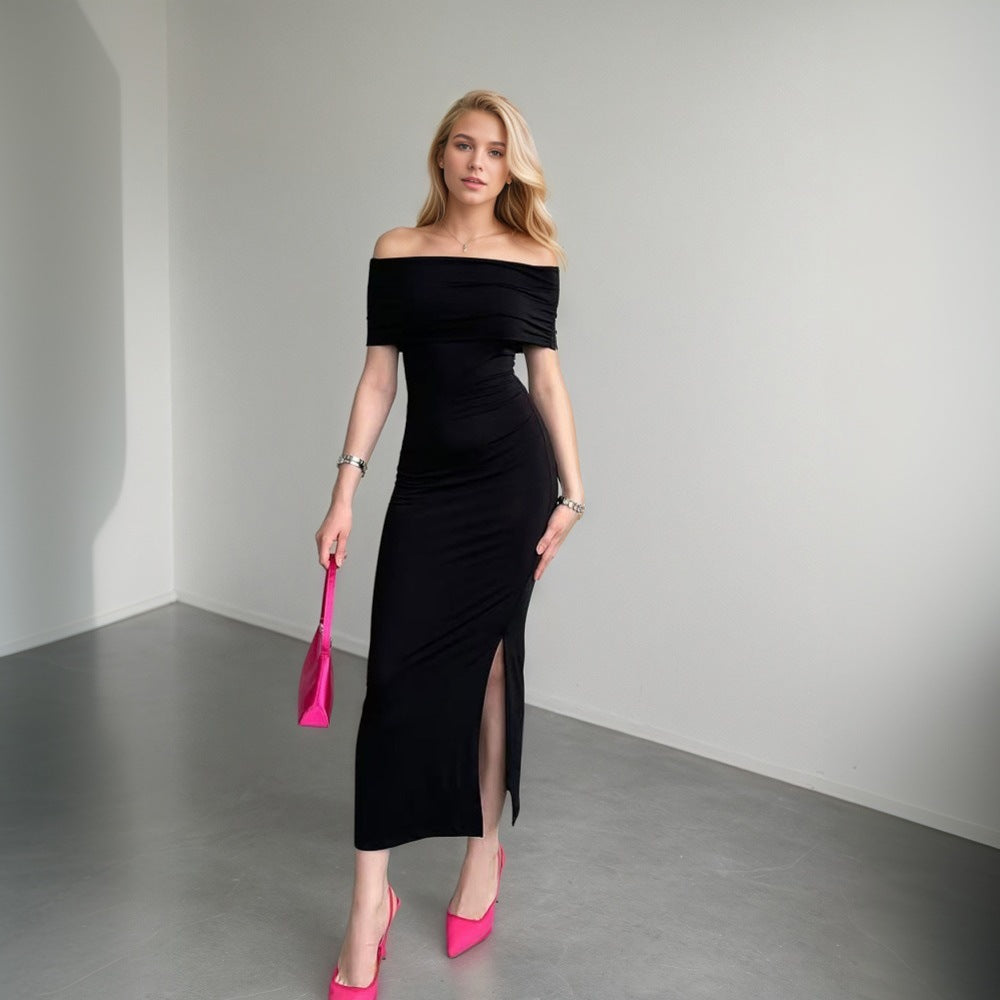 Damen Maxikleid Schulterfrei mit Schlitz Schwarz Eveloria - Eveloria