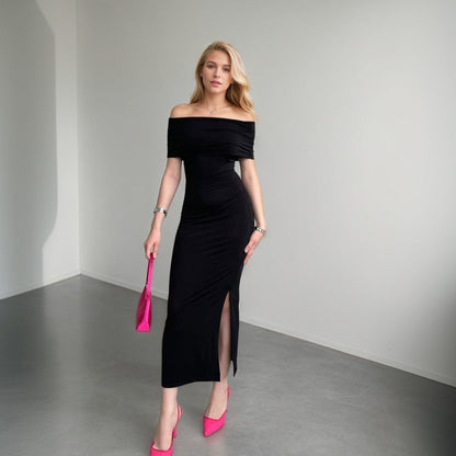 Damen Maxikleid Schulterfrei mit Schlitz Schwarz Eveloria - Eveloria