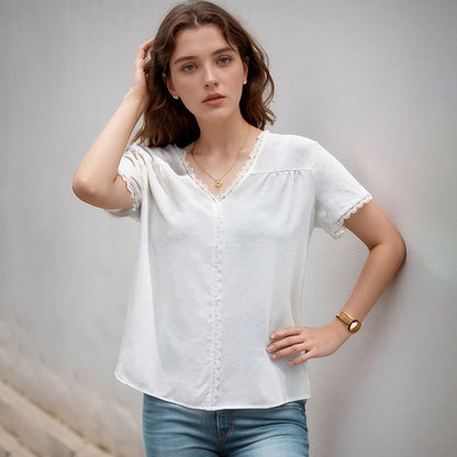 Damen Blusenshirt Luftig Spitze V-Ausschnitt Weiß