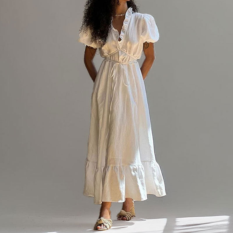 Damen Maxikleid Luftig Wickeloptik Rüschensaum Eveloria - Eveloria