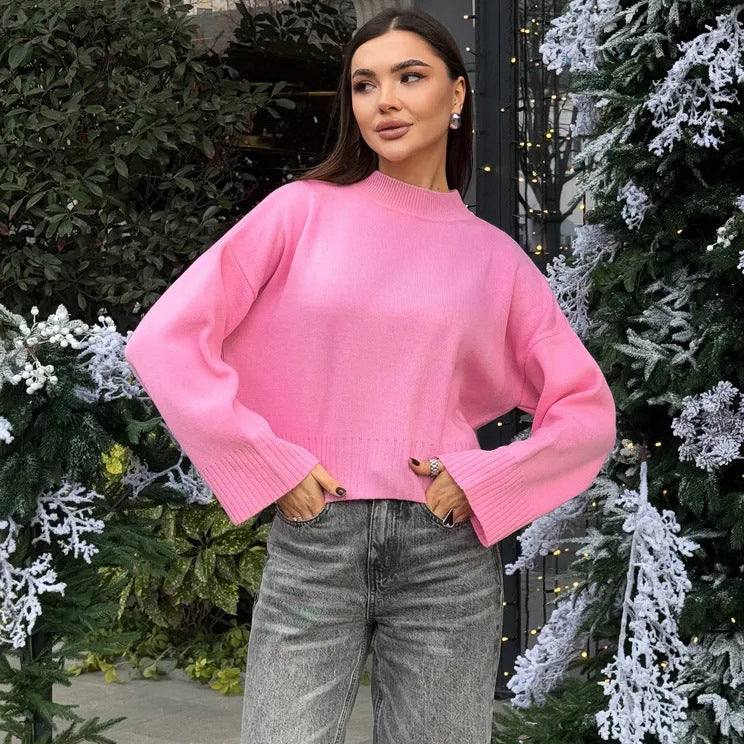 Damen Strickpullover Rundhalsausschnitt Weite Ärmel Kuschelig Grau - Eveloria