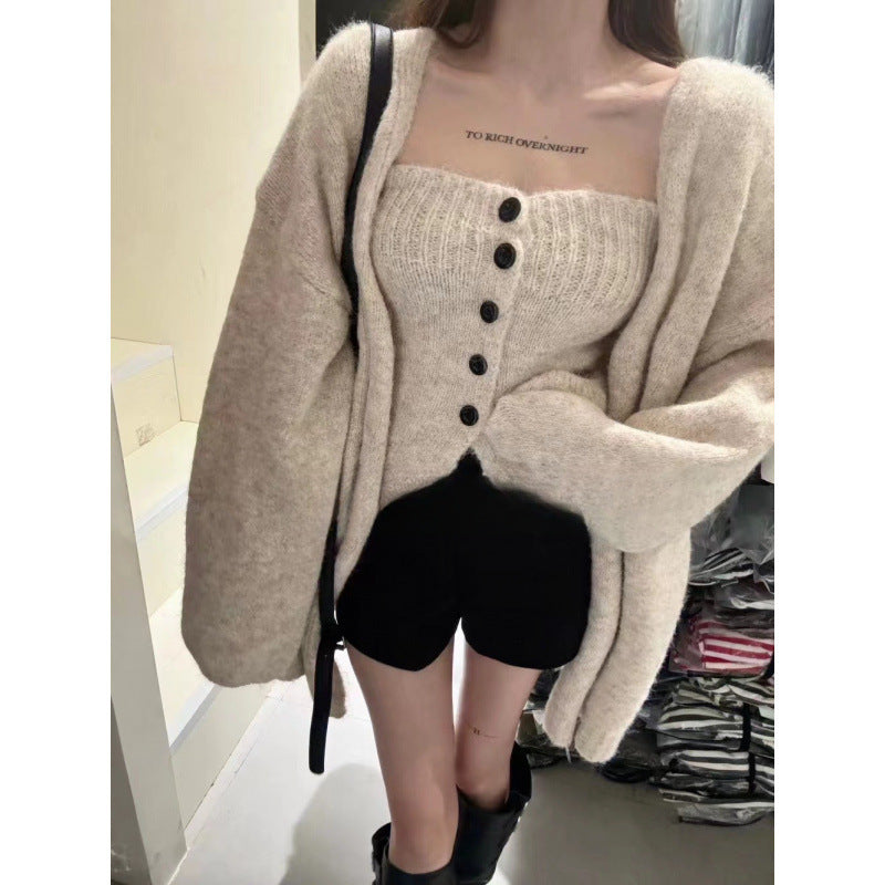 Damen Strickjacke Weites Modell Mit Knöpfen Beige - Eveloria
