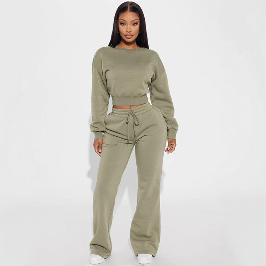 Damen Cropped Sweatshirt Überschnittene Schultern Breiter Saum Grau - Eveloria