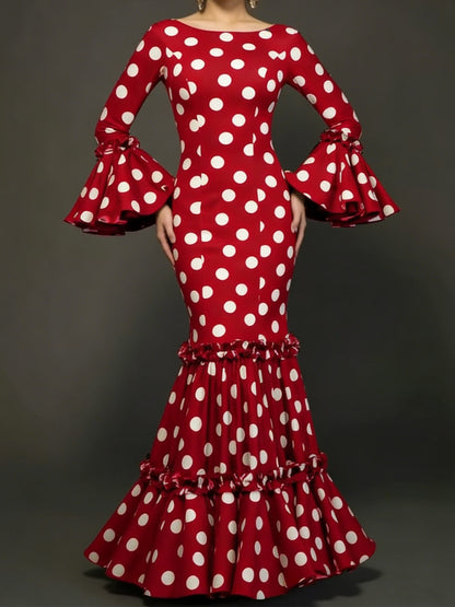 Damen Maxikleid mit Volant und Polka-Dots