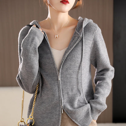 Damen Kuschelige Kapuzenjacke Weiches Strick Grau