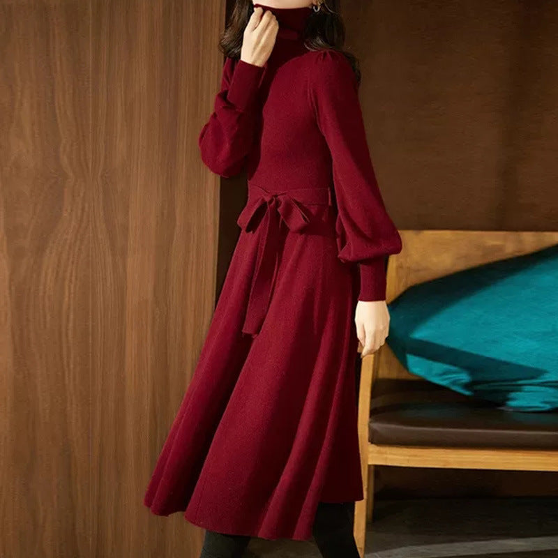 Damen Strickkleid Hohler Kragen Taillierter Gürtel
