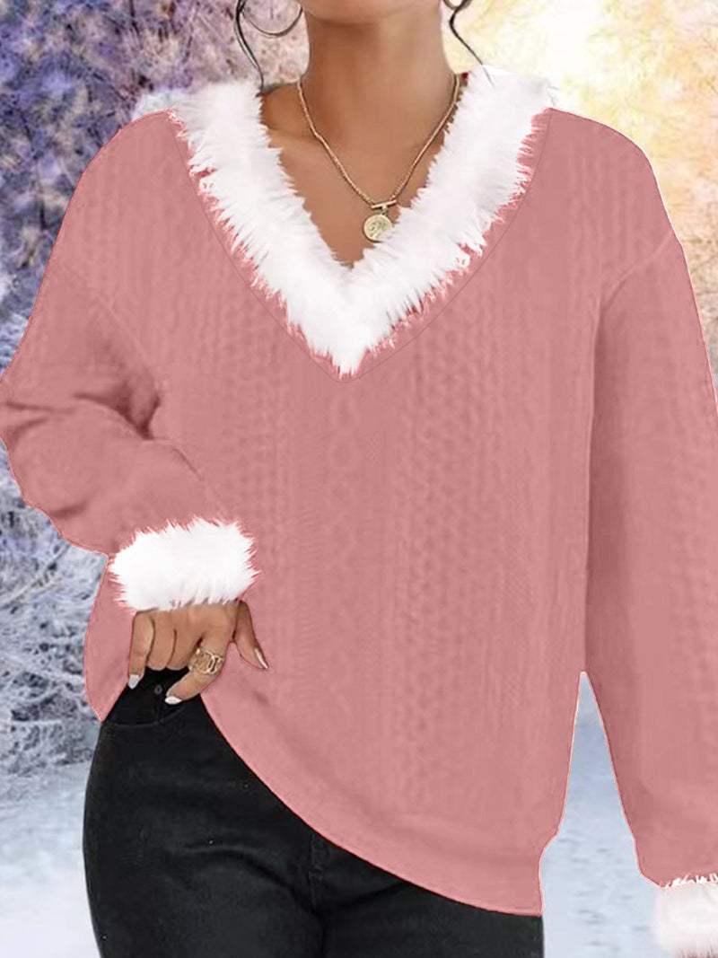 Damen Strickpullover V-Ausschnitt Kontrastpelzbesatz Eveloria