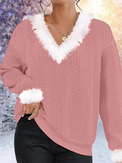 Damen Strickpullover V-Ausschnitt Kontrastpelzbesatz Eveloria