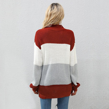Damen Strickpullover Hoher Kragen Blockstreifen Eveloria