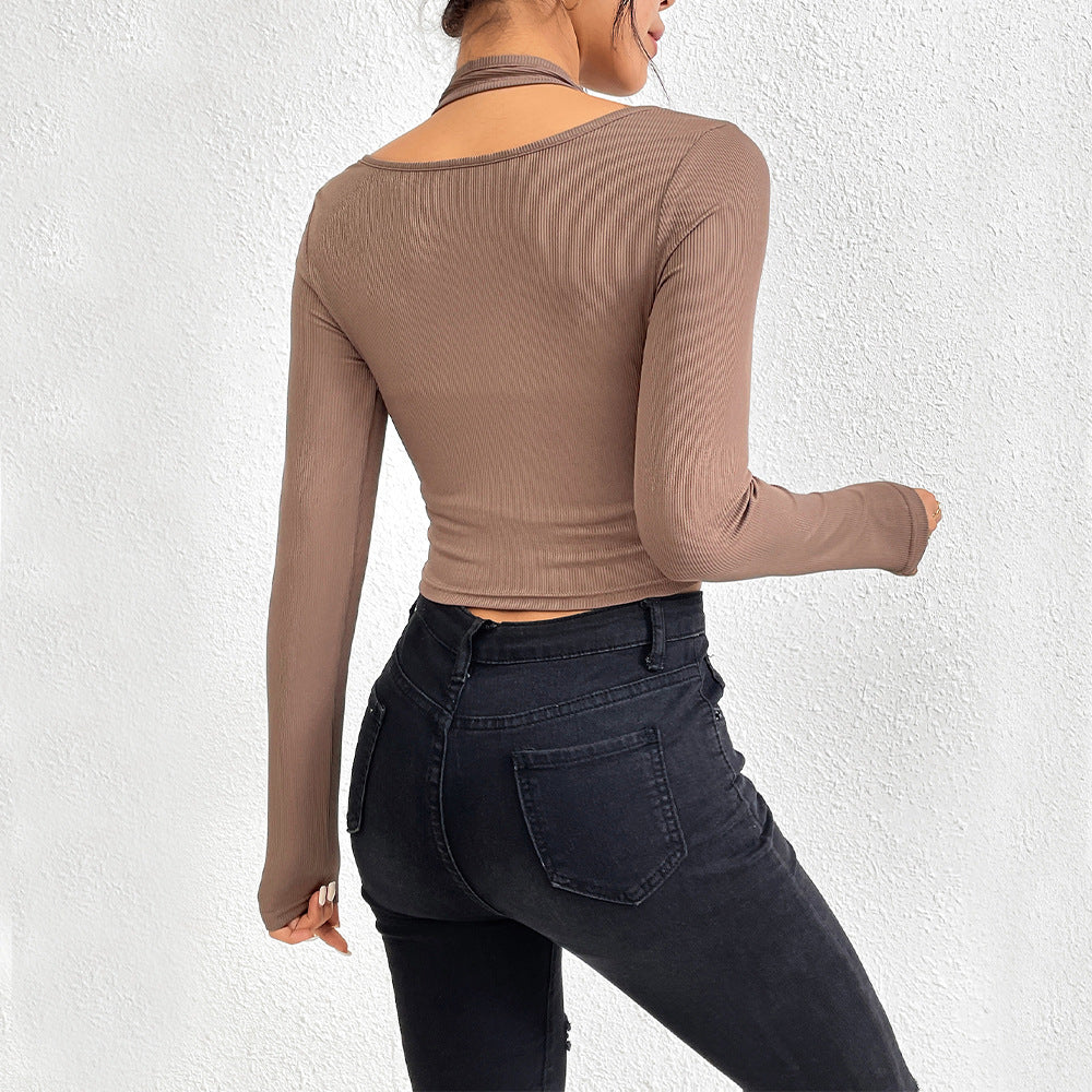 Damen Cropped Langarmshirt Twist-Design Farbakzenten