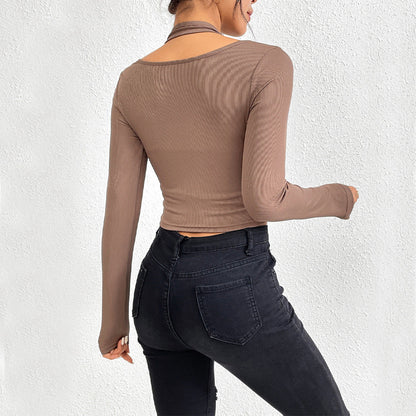 Damen Cropped Langarmshirt Twist-Design Farbakzenten