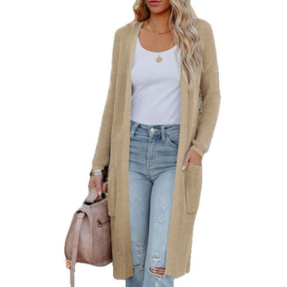 Damen Langstrickjacke Elegant Mit Taschen Beige