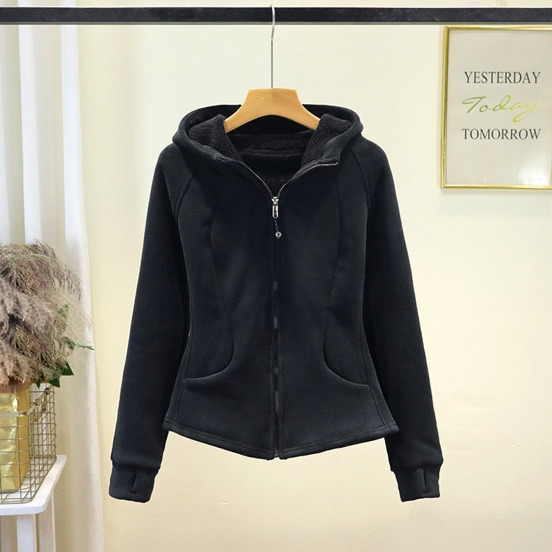 Damen Fleecejacke mit Reißverschluss und Kapuze Beige