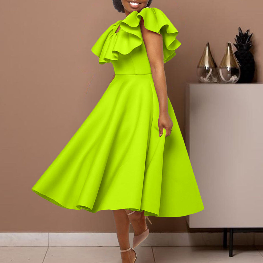 Damen Midikleid Tailliert Volant Elegant Eveloria