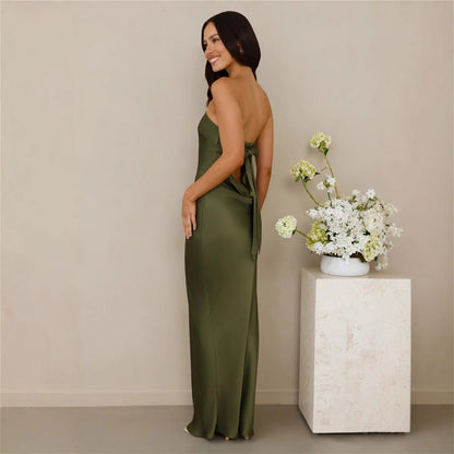 Damen Schulterfreies Maxikleid Satinoptik Elegant Eveloria