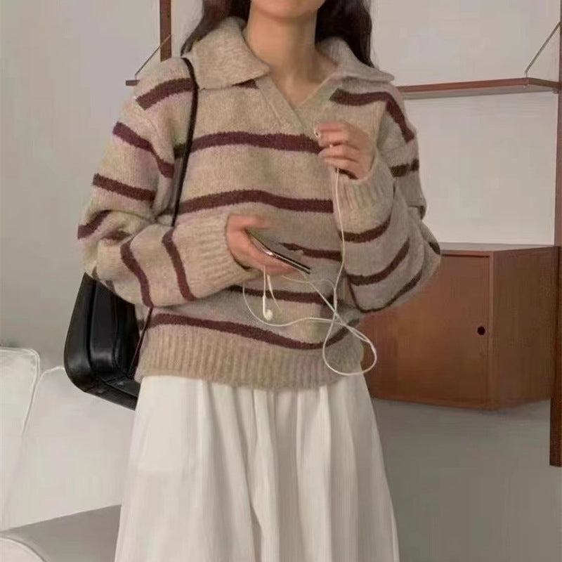 Damen Pullover Streifenmuster Kragen Elegantes Design