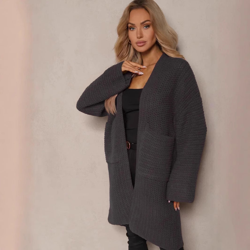 Damen Oversized Strickjacke V-Ausschnitt Taschen Beige
