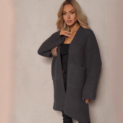 Damen Oversized Strickjacke V-Ausschnitt Taschen Beige