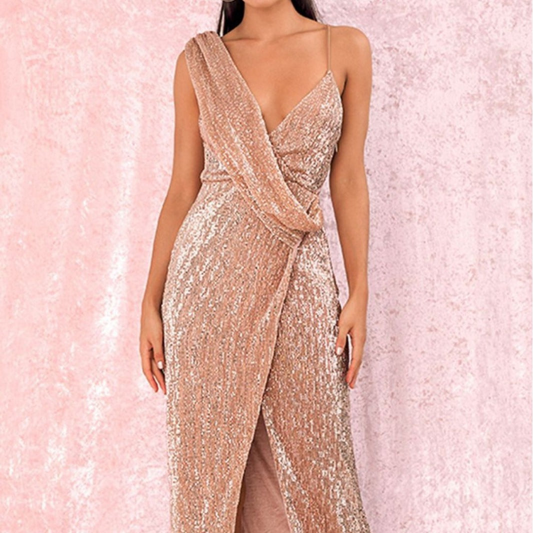 Damen Abendkleid Wickeloptik Hochschlitz Glitzer Effekt - Eveloria