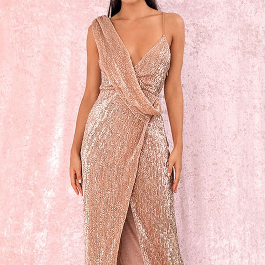 Damen Abendkleid Wickeloptik Hochschlitz Glitzer Effekt - Eveloria