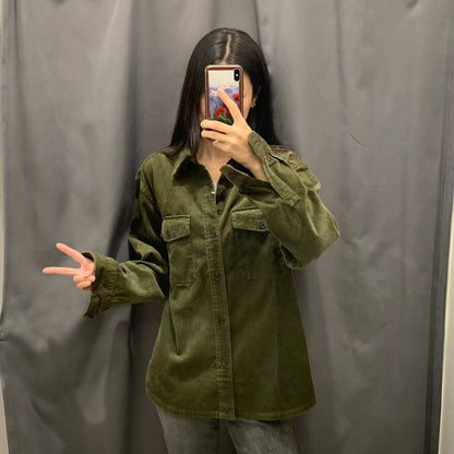 Damen Kordjacke Lässig Brusttaschen Braun