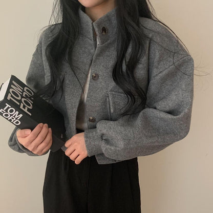 Damen Wolljacke Oversized Lässige Taschen Braun
