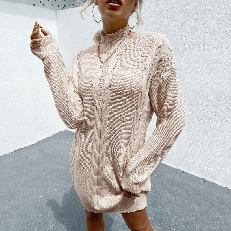 Damen Strickkleid Waffelstruktur Hochkragen Eveloria