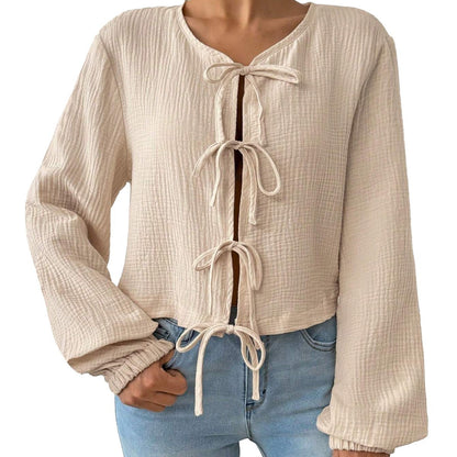 Damen Cropped Bluse Raffinierte Schnürdetails Eveloria