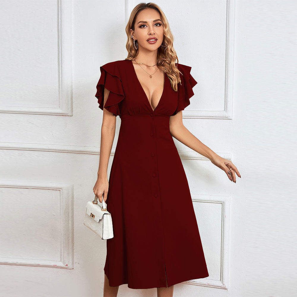Damen Midikleid Rüschendetails Knopfleiste Eveloria