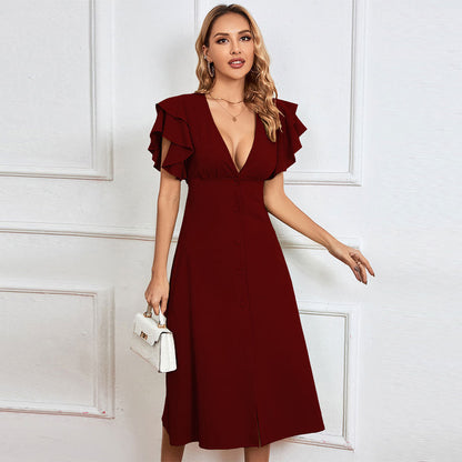 Damen Midikleid Rüschendetails Knopfleiste Eveloria